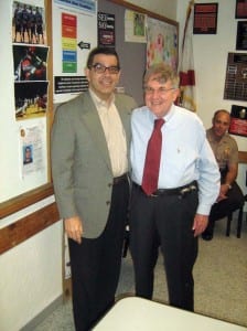 was quick to respond: “I aspire tobecome a school crossing guard.
Education is what’s behind everything,” he
declared. “It’s through knowledge and
serving the community that we create our
own shining cities of the future.”
Civic leader praises those who
volunteer service to community
Frank Irizarry (left) is welcomed by CAC chair James Blough.