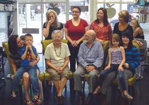The family Steinberg sharing a moment with Norma Khoury at Green Apple.Bottom, From Left: Ben Miller(great grandson), Gayle Miller, Sue Steinberg, Alan Steinberg, Samantha Miller (great granddaughter), Tes 
Froman. Top, From Left: Carlo Albanese, Angela Albanese, Laura Froman, Norma Khoury.