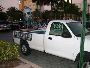 Commissioner Bob Welsh campaigns as Flyering Bicycle Bob in this photo taken of his publicity truck while on the campaign trail  