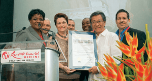 Pictured at proclamation presentation are (l-r) Miami-Dade Commissioner Audrey Edmonson, Commissioner Rebecca Sosa, Tan Sri KT Lim Cahieman, and Commissioner Jose “Pepe” Diaz.