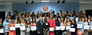 Miami-Dade County students honored are pictured at the Burger King Headquarters in Miami. They are joined by Miami Dade College Wolfson Campus president Madeline Pumariega and Early Childhood Initiative president David Lawrence Jr.