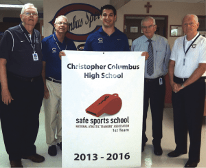 Pictured (l-r) are Br. Michael Brady, principal; Br. Herb Baker, athletic trainer; Pablo Riera, assistant athletic trainer; Br. Kevin Handibode, president, and Chris Mckeon, athletic director.