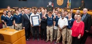 Commissioner Souto joined Mayor Carlos Gimenez and the Board of County Commissioners in honoring the Christopher Columbus High School soccer team and its coach for their state championship win. (Photo by Armando Rodriguez / Miami-Dade County photographer)