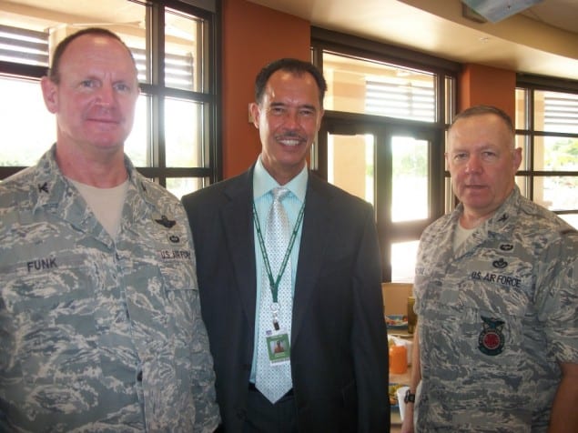 At the invitation of Col. Chris Funk, 482nd Fighter Wing commander, Homestead Air Reserve Base (left), Luis Cerezo, Homestead Job Corps Center director (middle) and many other community supporters participated in ribbon cutting and rededication ceremonies on the Base. The day culminated with a tour of the three new facilities which include the Sam Johnson Fitness Center, the Army Air Force Exchange Service Express and the Community Activity Center. Pictured on the right, Col. Elwin Rozyskie, 482nd Mission Support Group commander.