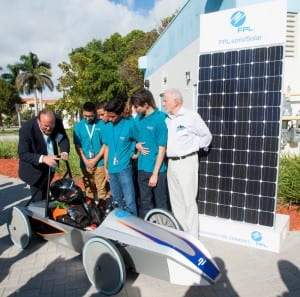 Cutler Bay High School teachers Marshall Ruffo and Joseph Zawedny, with students Carlos Alonso, Loxbey Montalvan, Kevin Baltodano and Christopher Espinoza, built a solar powered electric car with help from Florida Power & Light Company for the Formula E School Series competition on March 9, 2015. The event, which was part the Formula E Miami ePrix, fosters interest in science, technology, engineering and math.